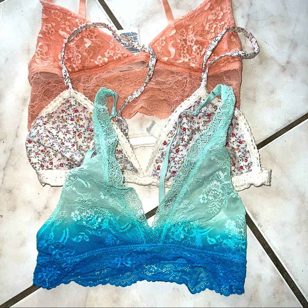 Lace Bralette Bundle Lot of 3 Blue Floral Peach